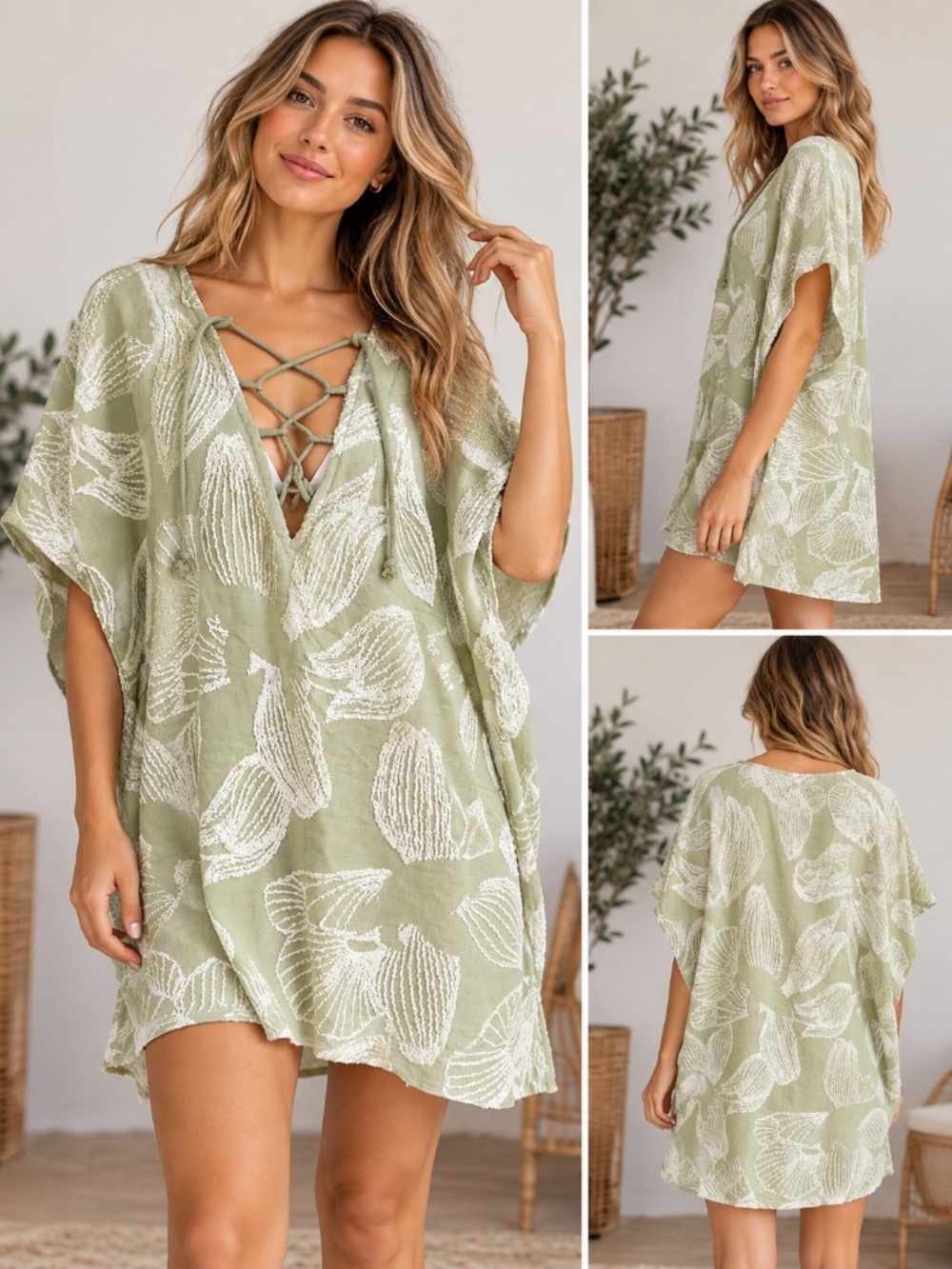 Sand Cloud Sage Green 100% Organic Cotton Lace Up Beach Swim Cover Up OS Poncho